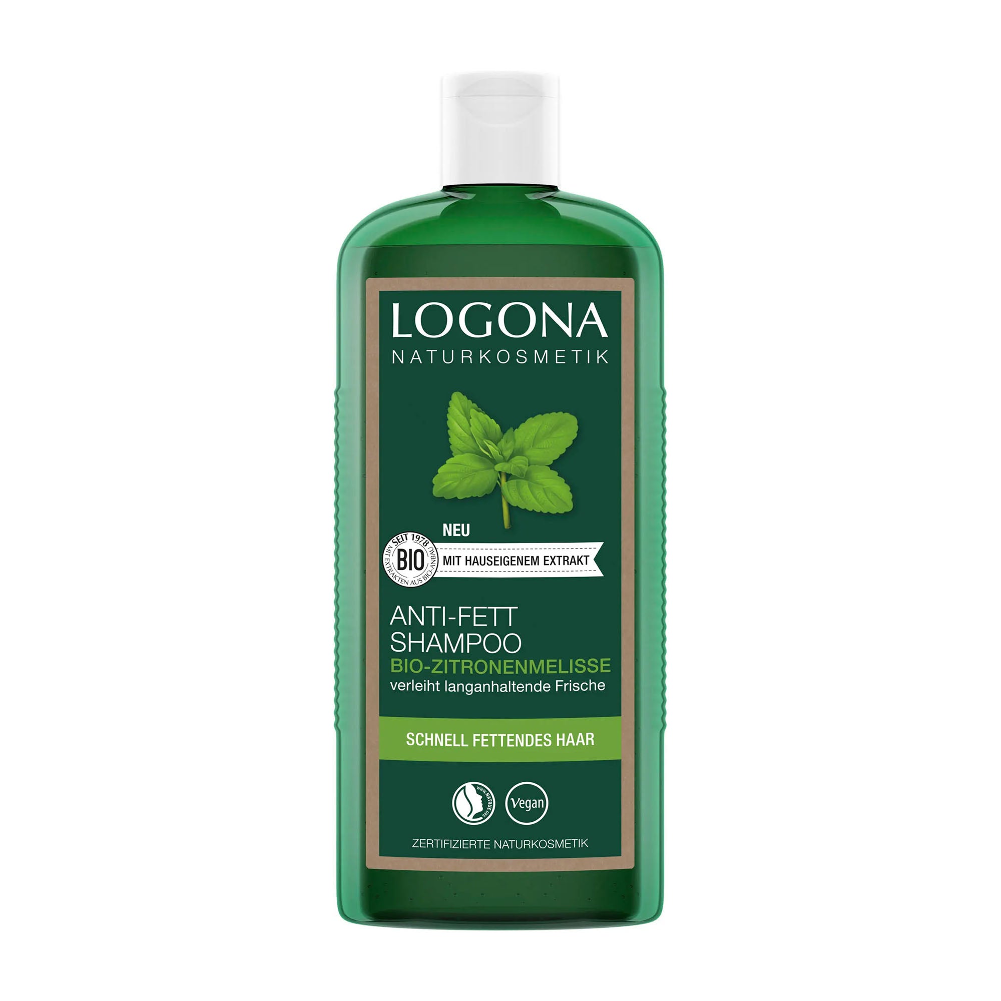 Logona Lemon Balm anti-grease shampoo bottle with green label on a white background