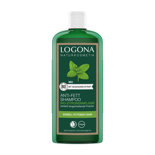 Logona Lemon Balm anti-grease shampoo bottle with green label on a white background