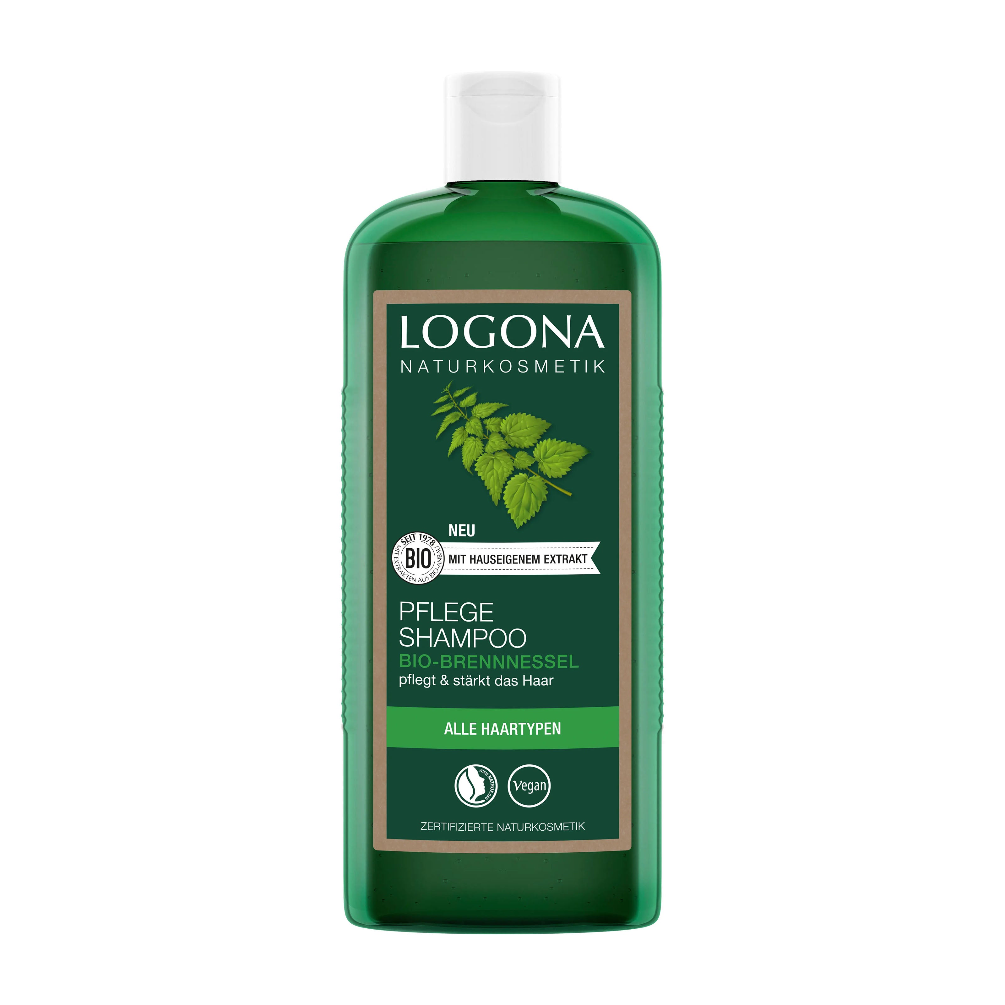 Organic Nettle Care Shampoo bottle with Logona branding on a white background