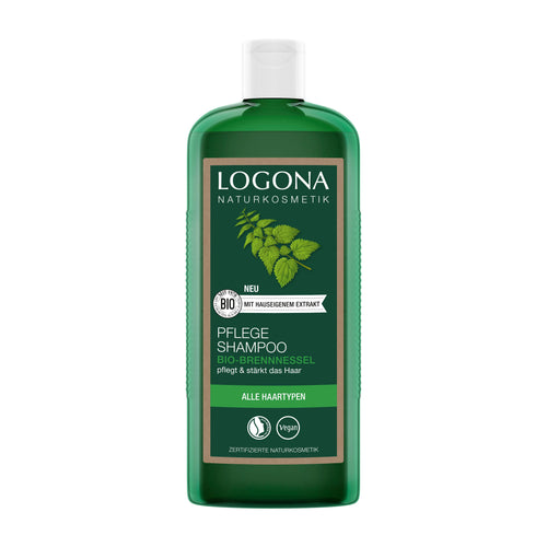 Organic Nettle Care Shampoo bottle with Logona branding on a white background
