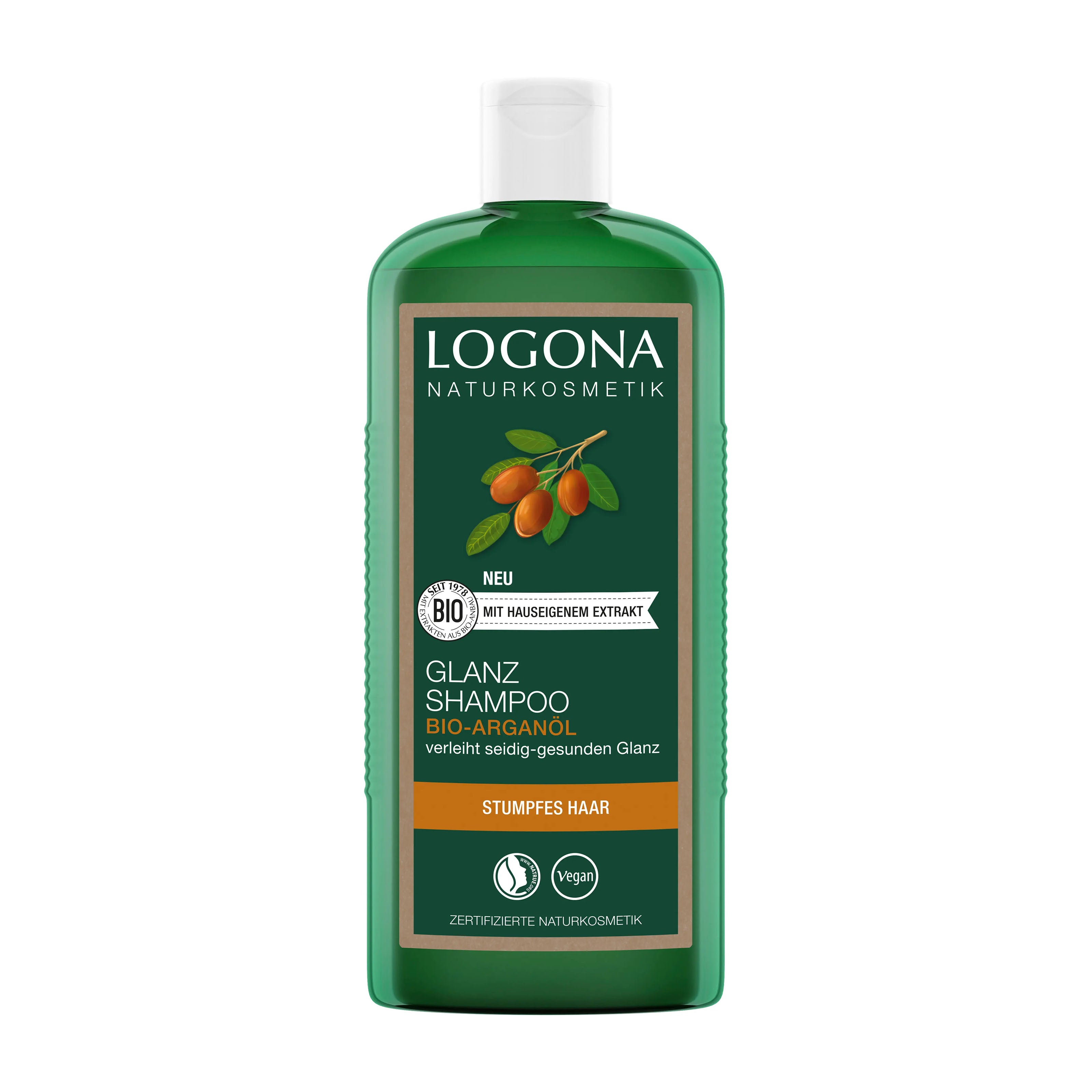 Logona Argan Oil shine shampoo bottle on a white background