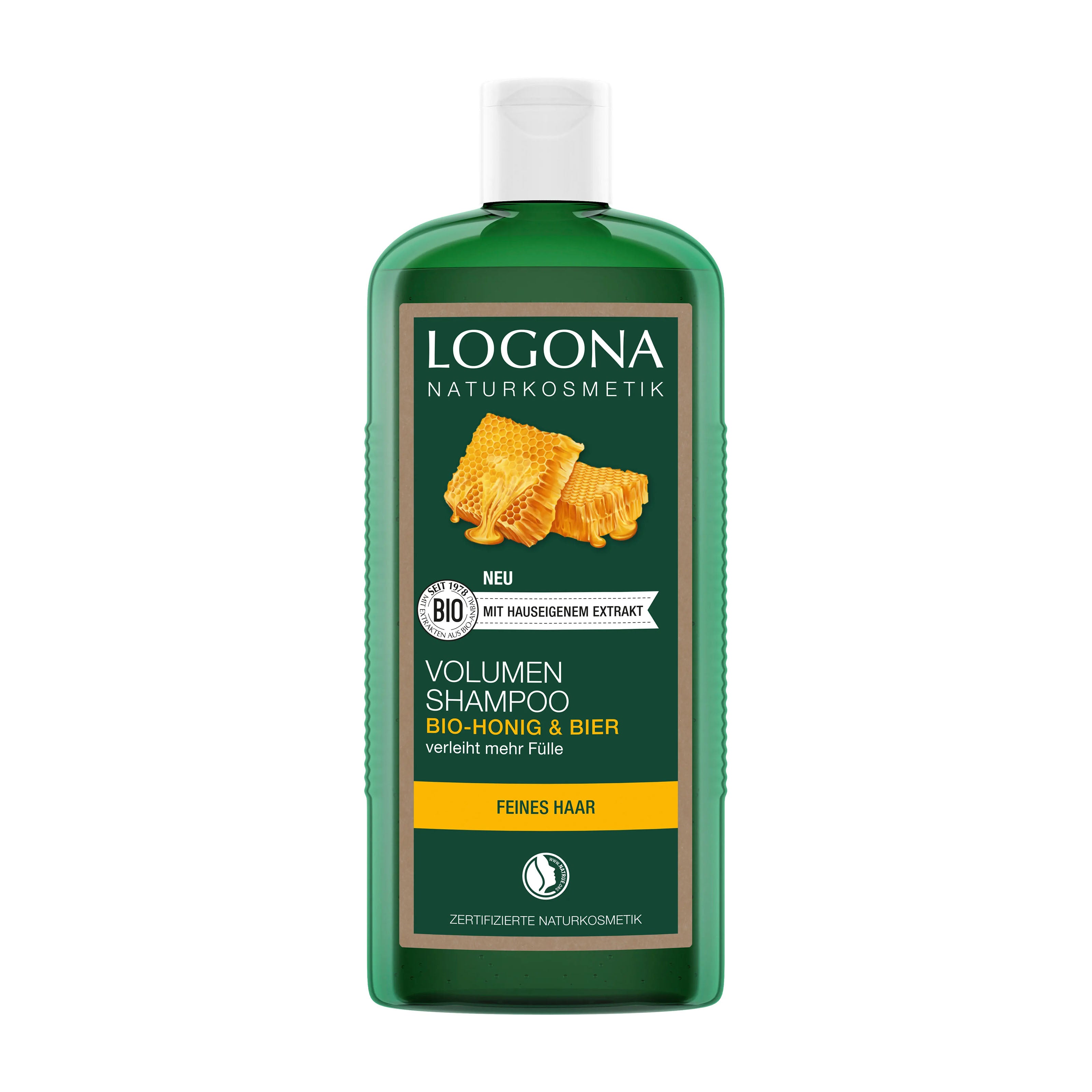 Logona Beer & Organic Honey volume shampoo bottle with green label on a white background