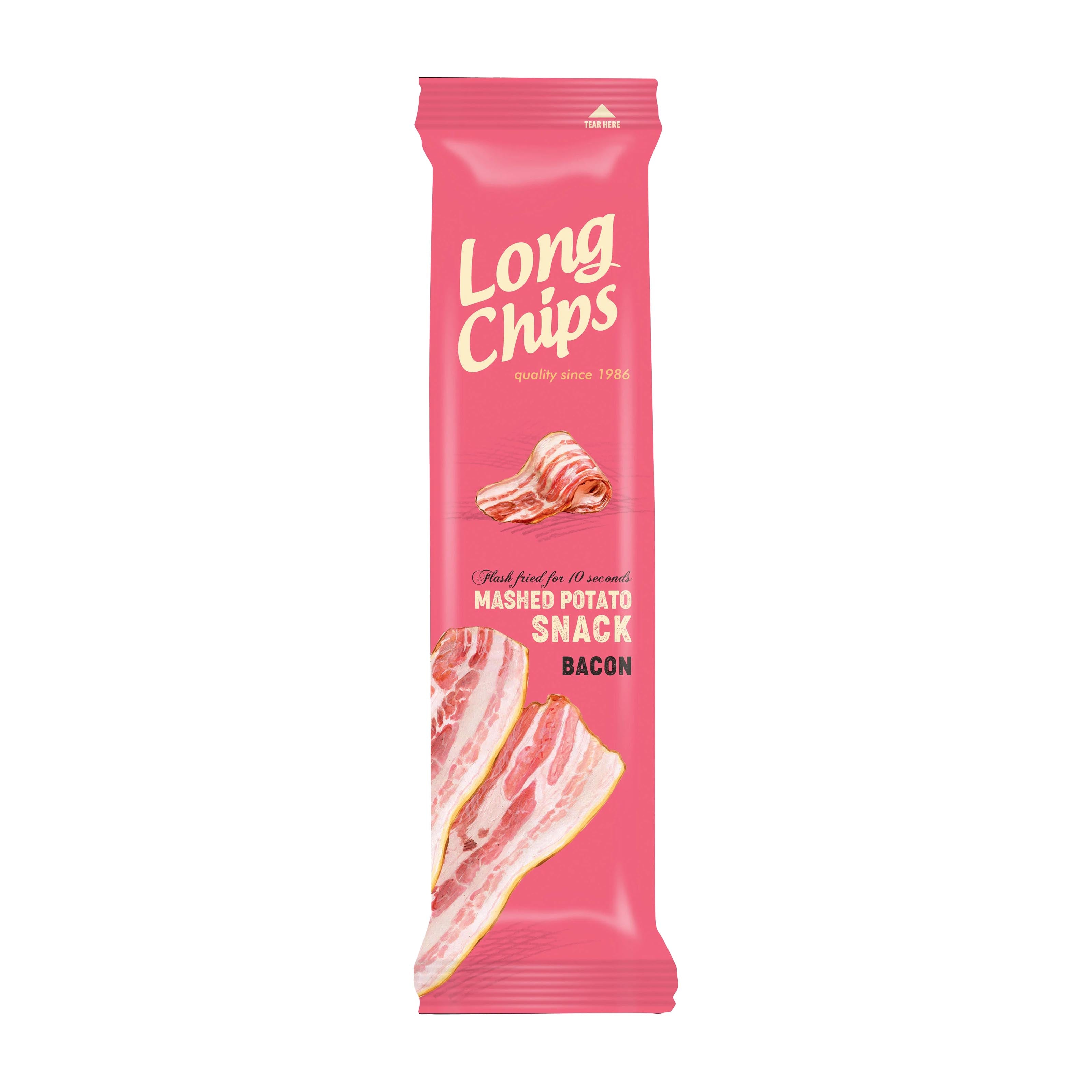 Long Chips Bacon mashed potato snack packaging on a white background