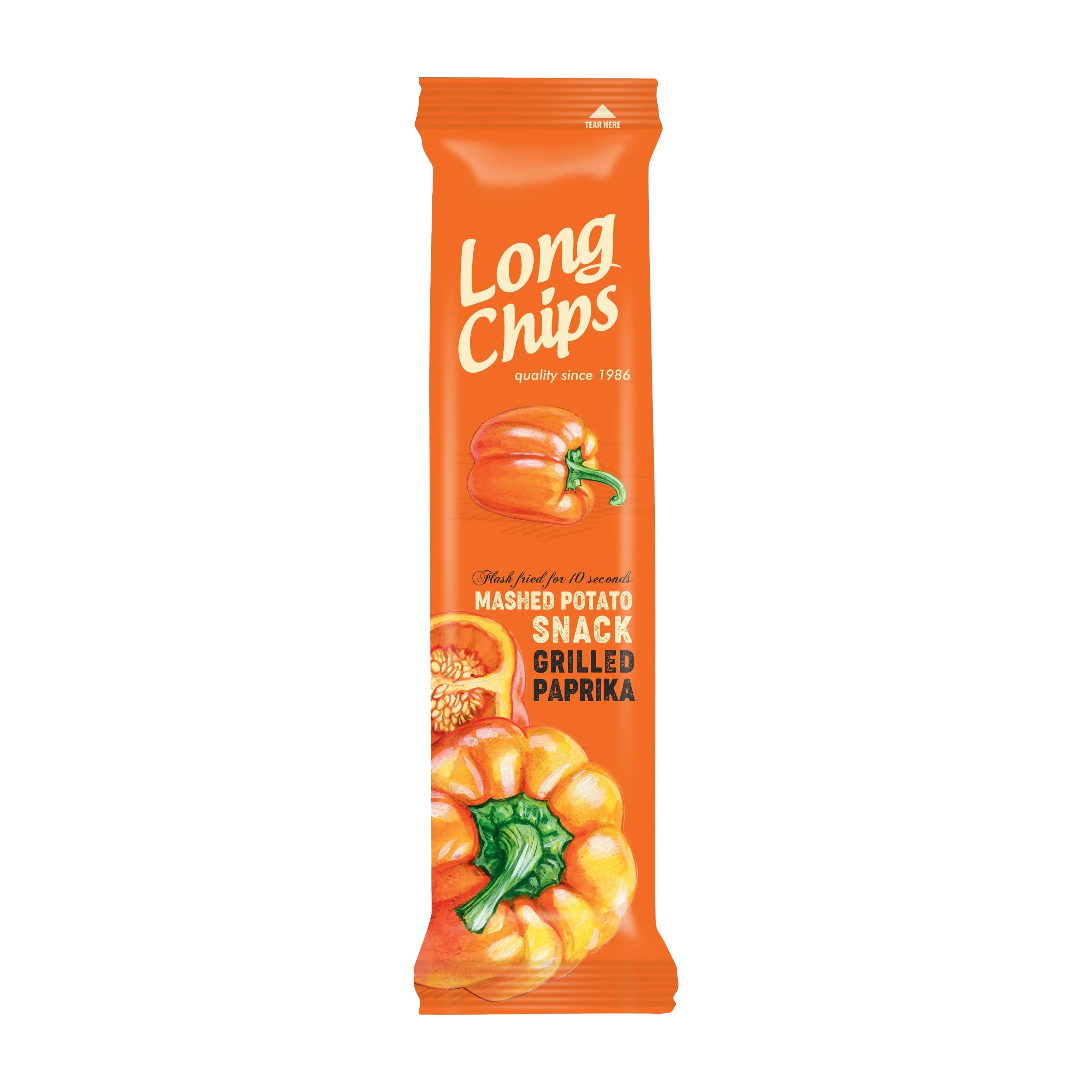 Long Chips Grilled Paprika mashed potato snack packaging on a white background.