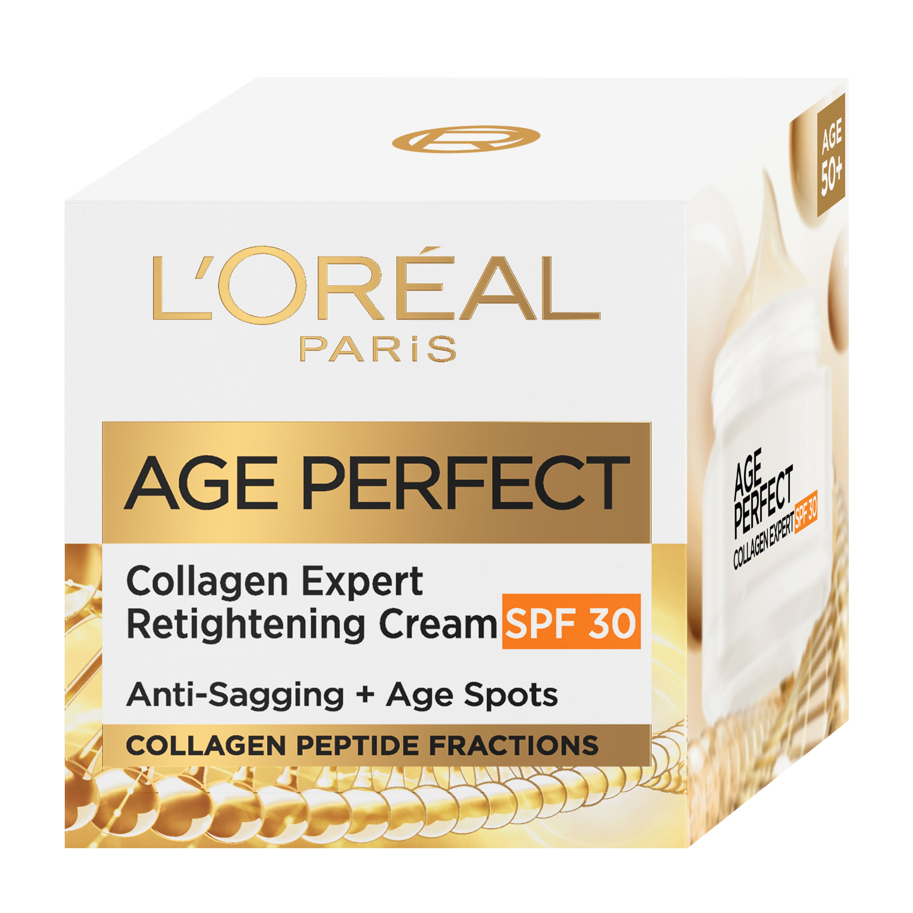 L'Oreal Paris Age Perfect Collagen Expert Retightening Cream SPF 30 packaging on a white background