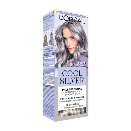 L'Oreal Paris Cool Silver 03 Silver Metallic hair color box with a woman with gray hair on a white background