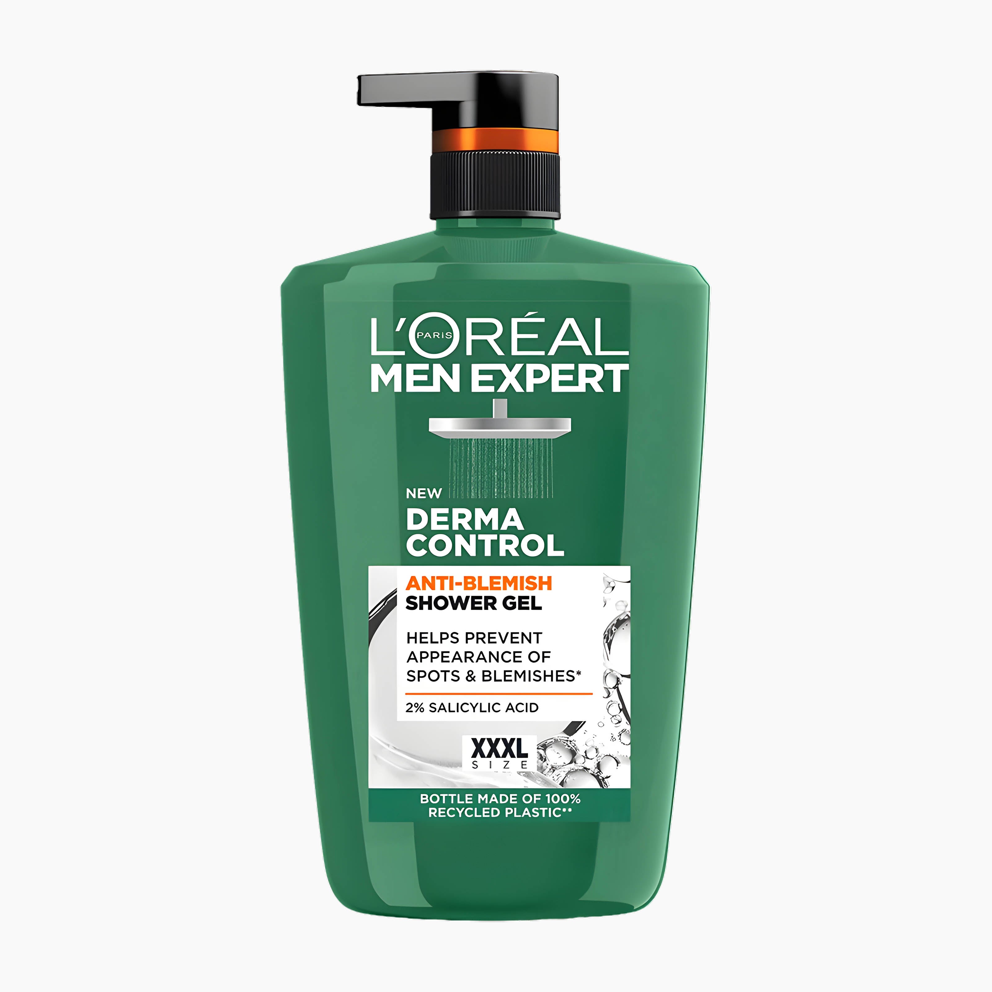 L'Oréal Paris Men Expert Derma Control Anti-Blemish Shower Gel in a green pump bottle with a black cap and orange accent band, on a light gray background.