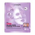 Purple packaging of L'Oreal Paris Revitalift Filler Glass Skin Hydrogel Glow Mask on a white background