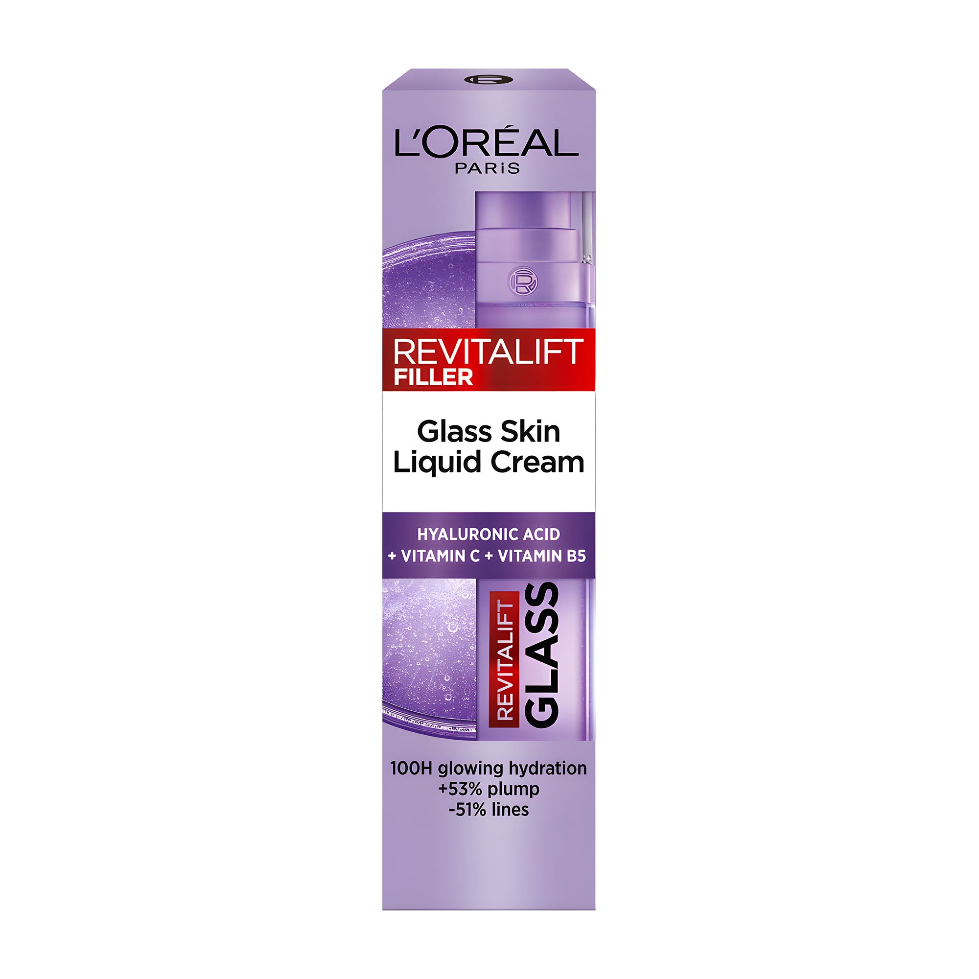 Purple box of L'Oreal Paris Revitalift Filler Glass Skin Liquid Cream on a white background.