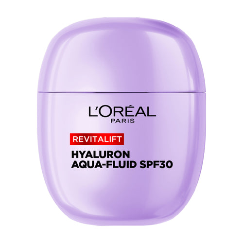 L'Oreal Paris Revitalift Filler Hyaluron Aqua-Fluid SPF30 face moisturizer container on a white background