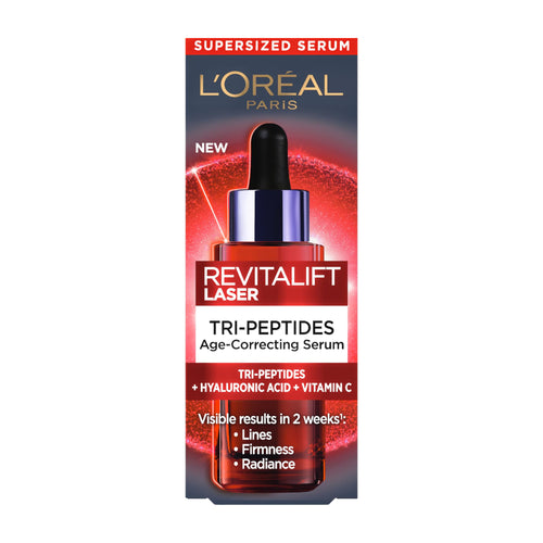 L'Oreal Paris Revitalift Laser Tri-Peptides Age-Correcting face serum packaging on a white background.