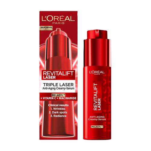 L'Oreal Revitalift Laser Triple Laser Anti-Aging Creamy serum with packaging on a white background