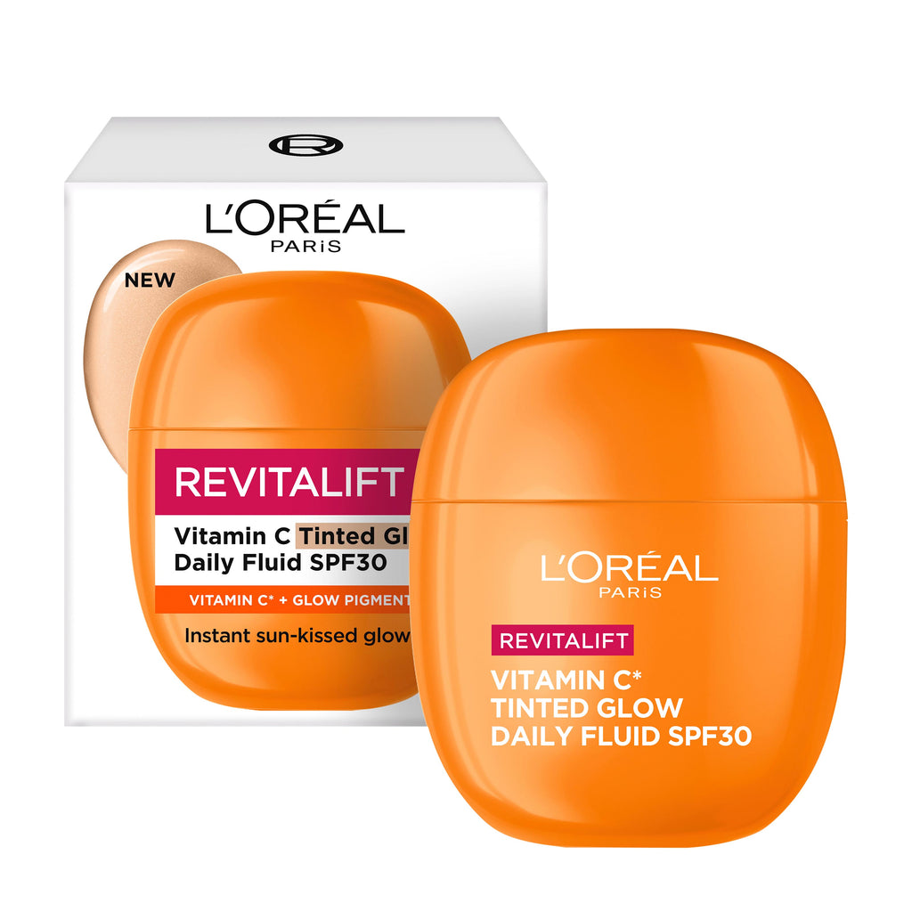 L'Oreal Revitalift Vitamin C Tinted Glow Daily Fluid SPF30 with packaging on a white background