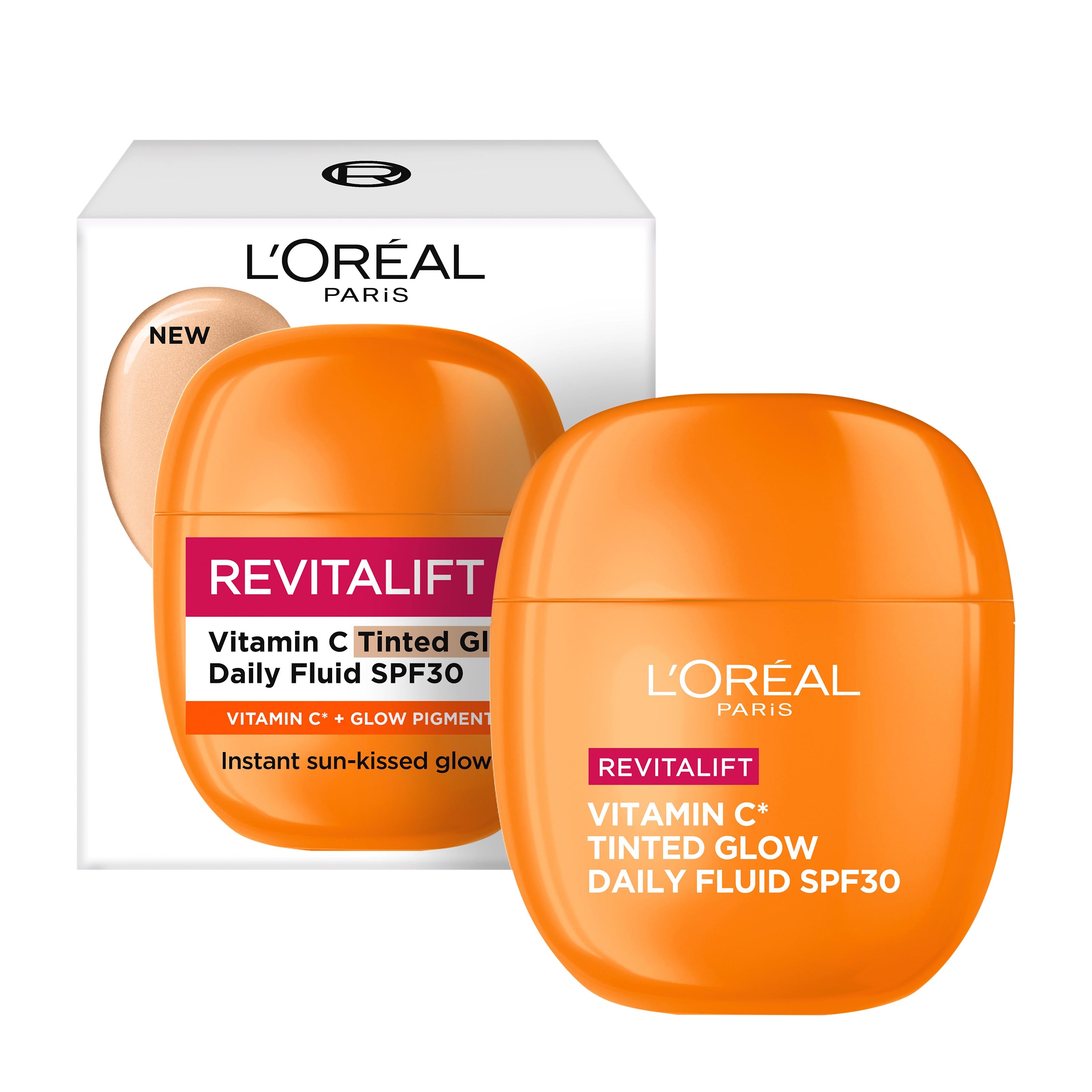 L'Oreal Revitalift Vitamin C Tinted Glow Daily Fluid SPF30 with packaging on a white background