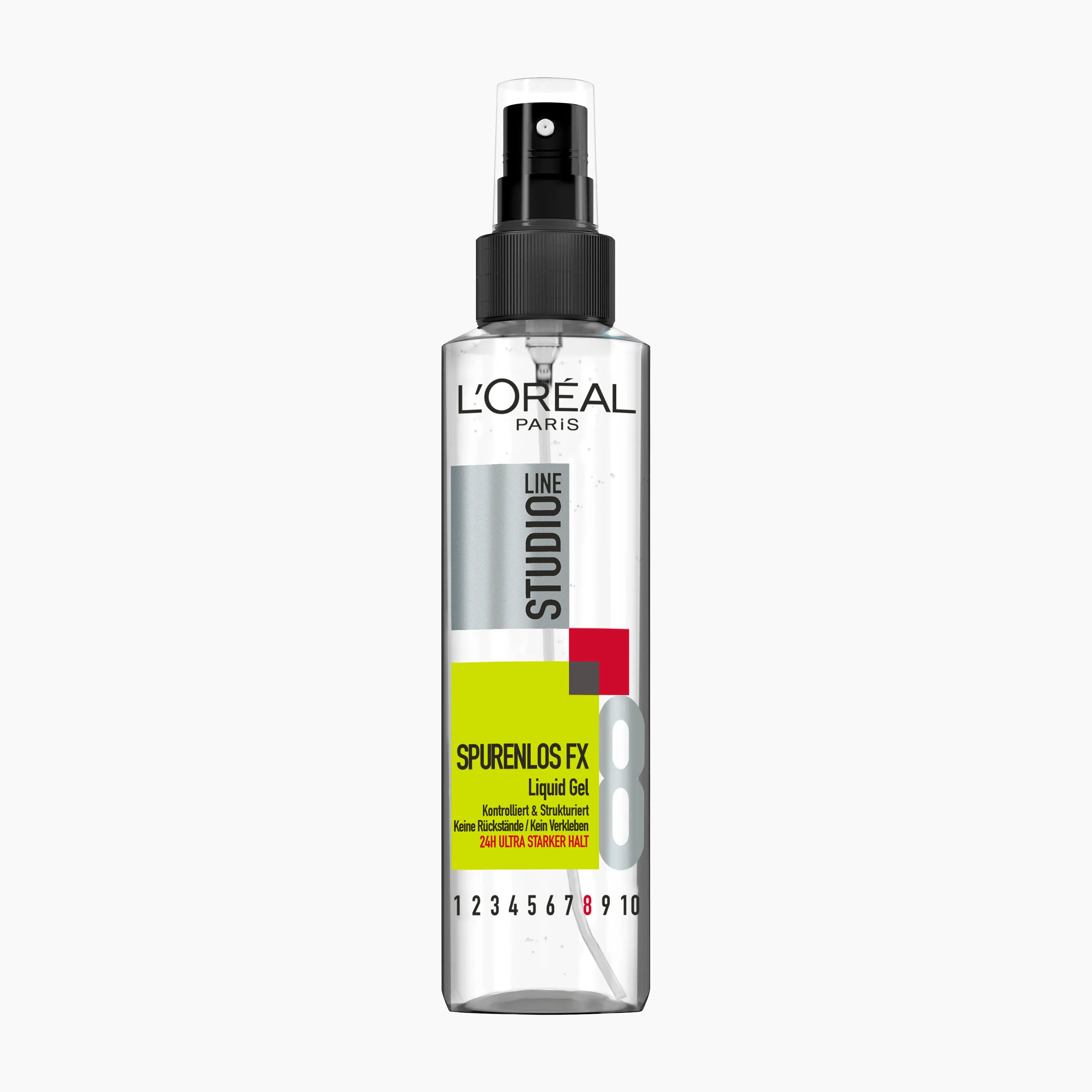 L'Oreal Paris Studio Line Spurenlos FX Liquid Gel pump bottle on a light gray background.