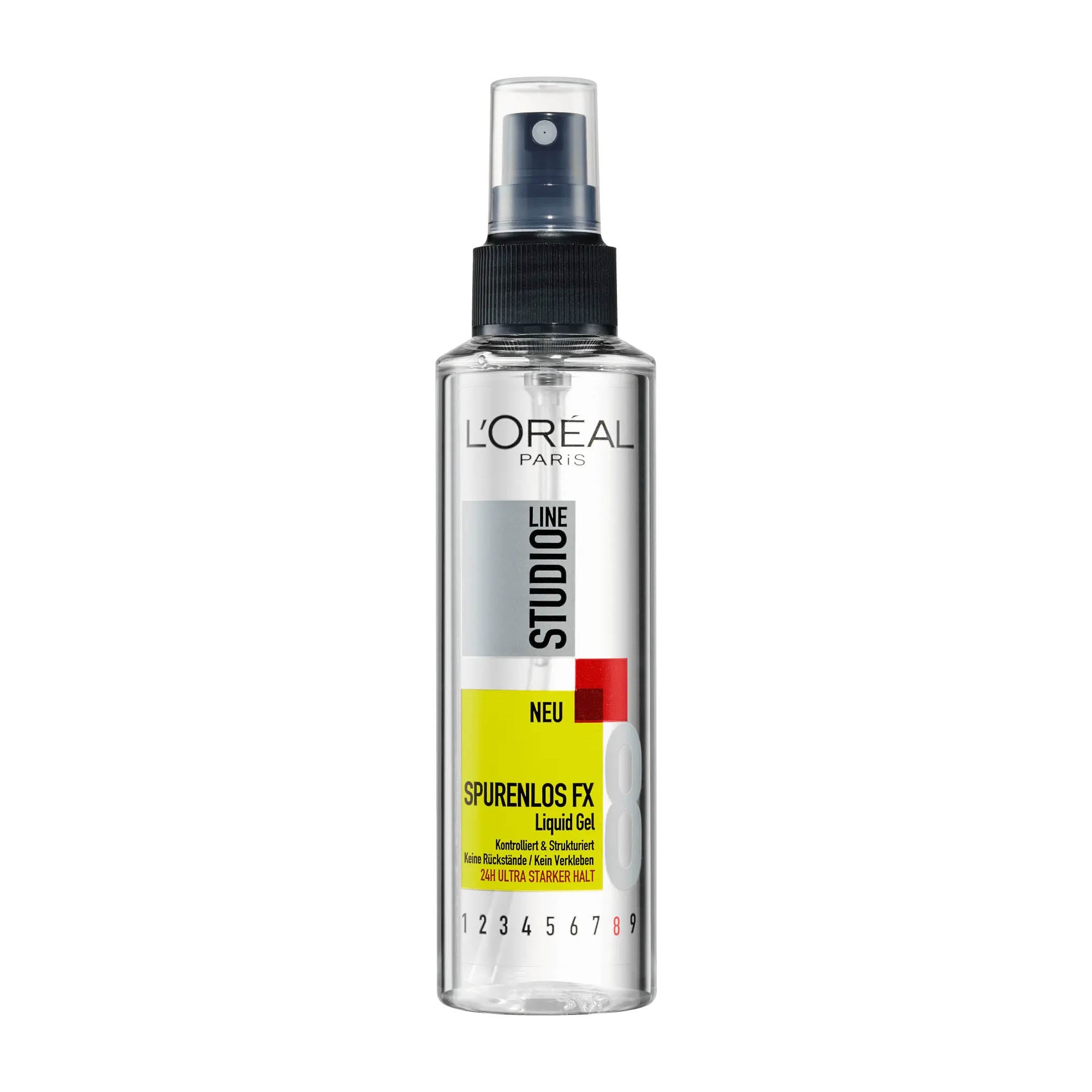 A bottle of L'Oreal Paris Studio Line Spurenlos FX Liquid Gel with a spray nozzle, primarily clear in color with product information text in red, black, and yellow.