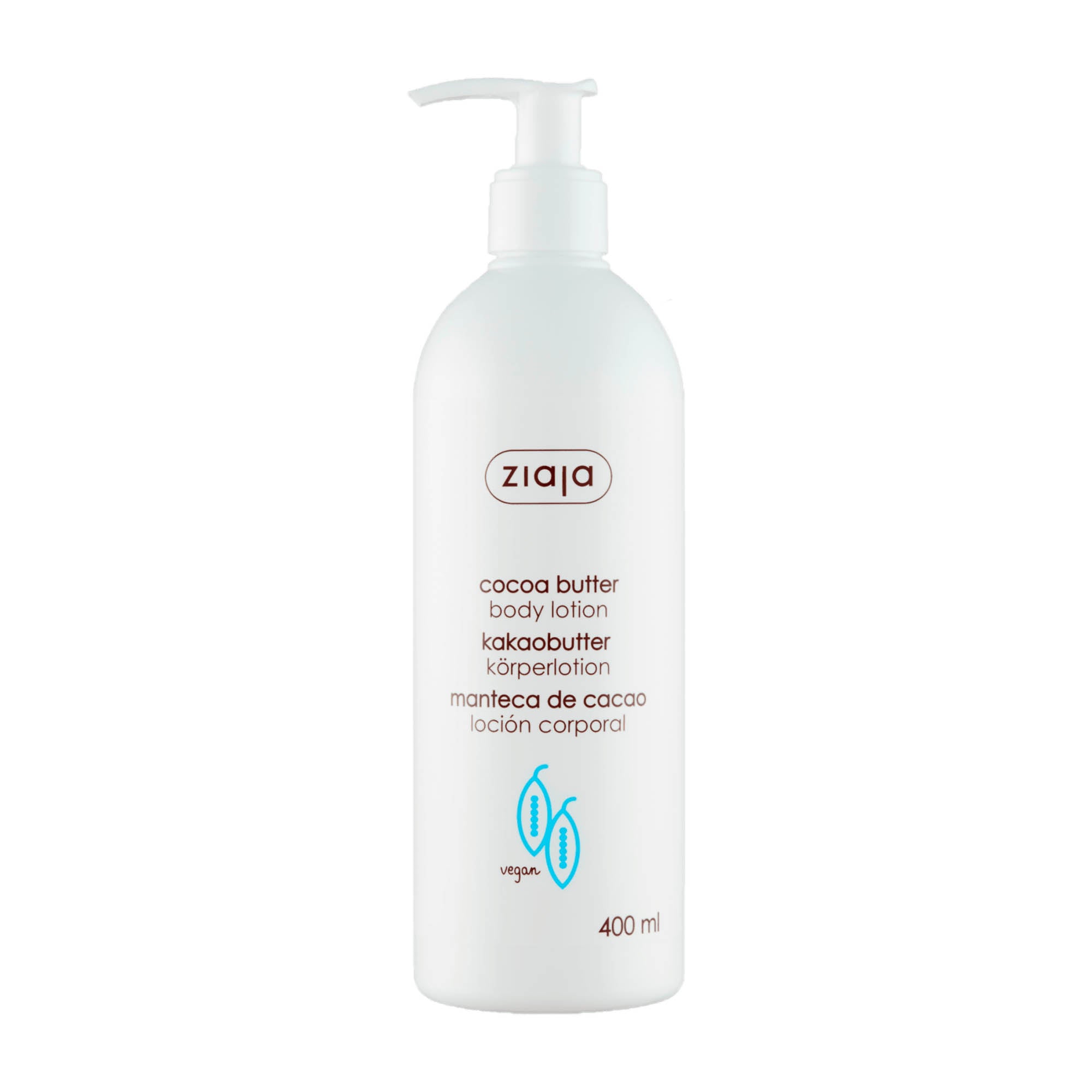 A pump bottle of Ziaja Cocoa Butter Body Lotion, 400 mL size, with a predominantly white label and a blue logo.