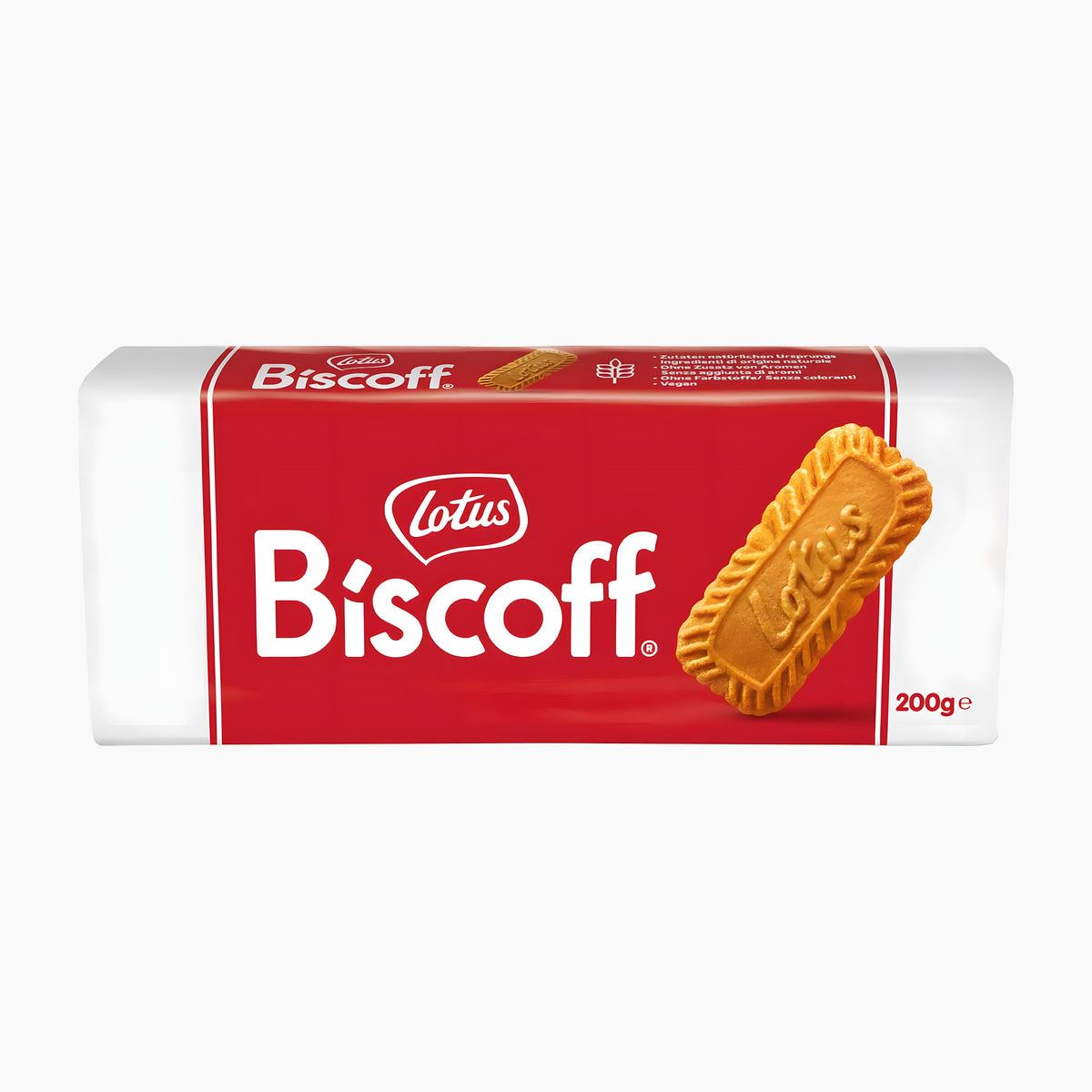 A 200g package of Lotus Biscoff cookies, featuring a red and white wrapper with a graphic of a golden-brown biscuit on a light gray background.