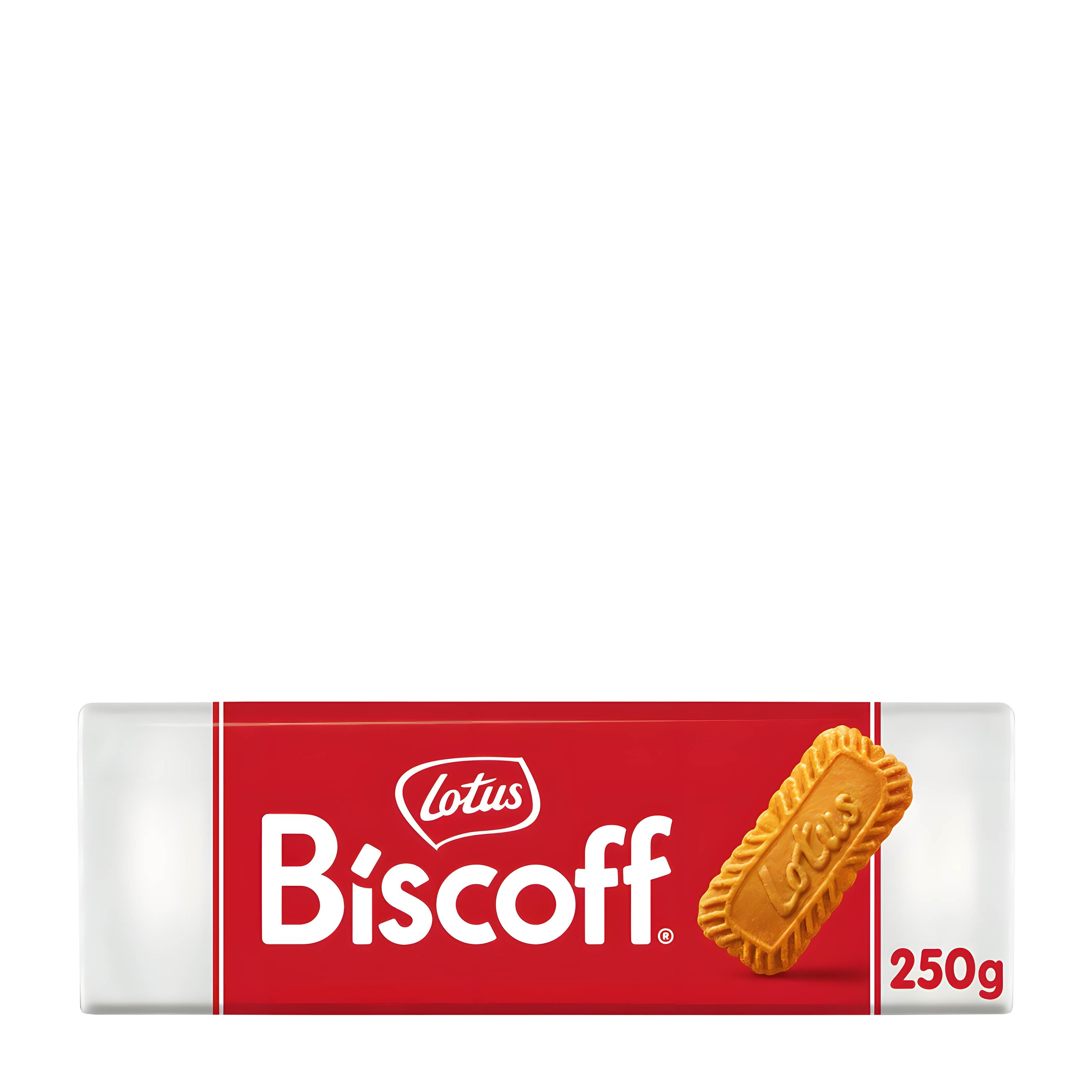 A 250g package of Lotus Biscoff caramel biscuits, featuring a red label with white branding and an image of a golden-brown biscuit on a white background.
