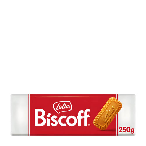 A 250g package of Lotus Biscoff caramel biscuits, featuring a red label with white branding and an image of a golden-brown biscuit on a white background.