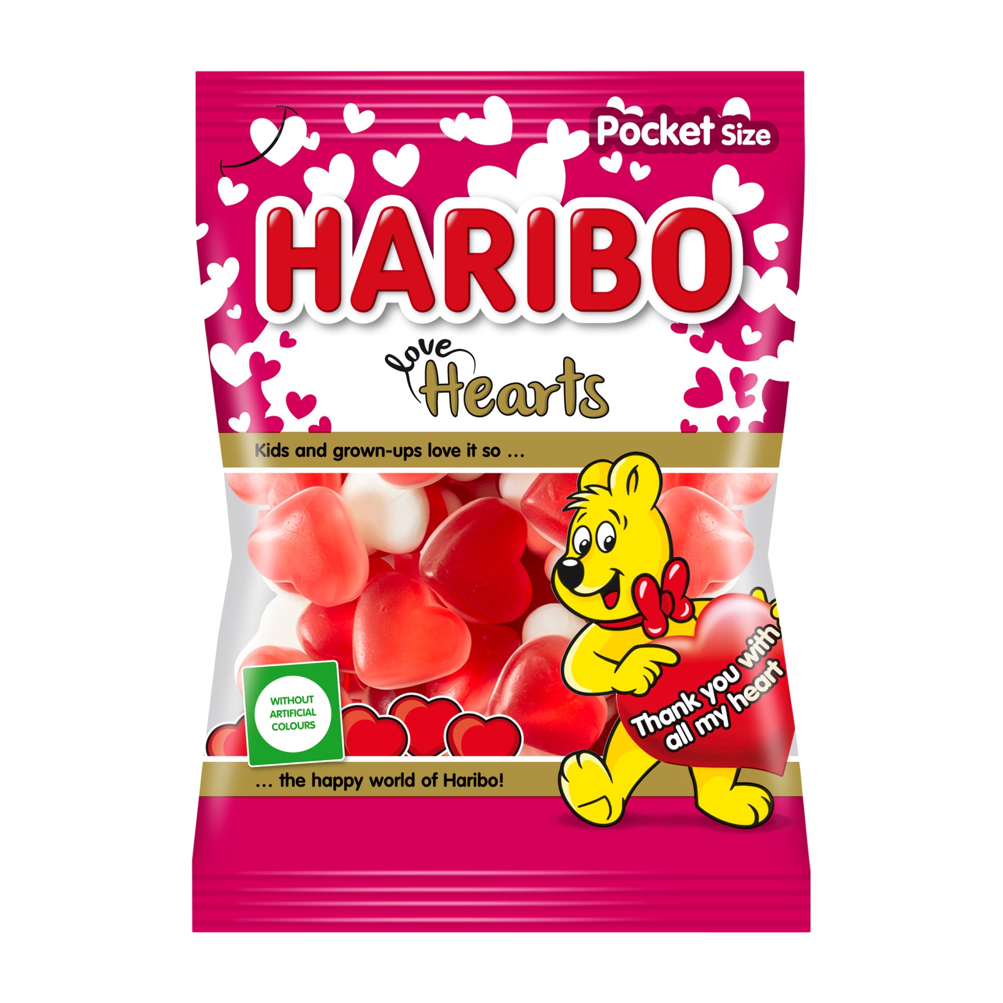 Haribo Love Hearts candy bag with a cartoon bear on a white background