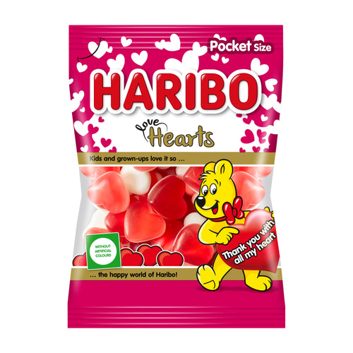 Haribo Love Hearts candy bag with a cartoon bear on a white background