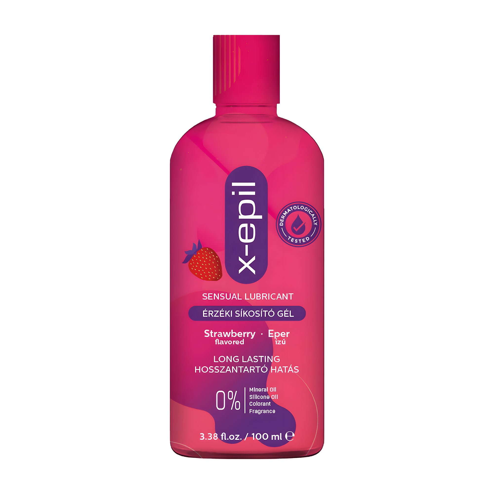 A pink bottle of X-Epil Strawberry Sensual Lubricant Gel on a white background.