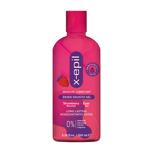 A pink bottle of X-Epil Strawberry Sensual Lubricant Gel on a white background.
