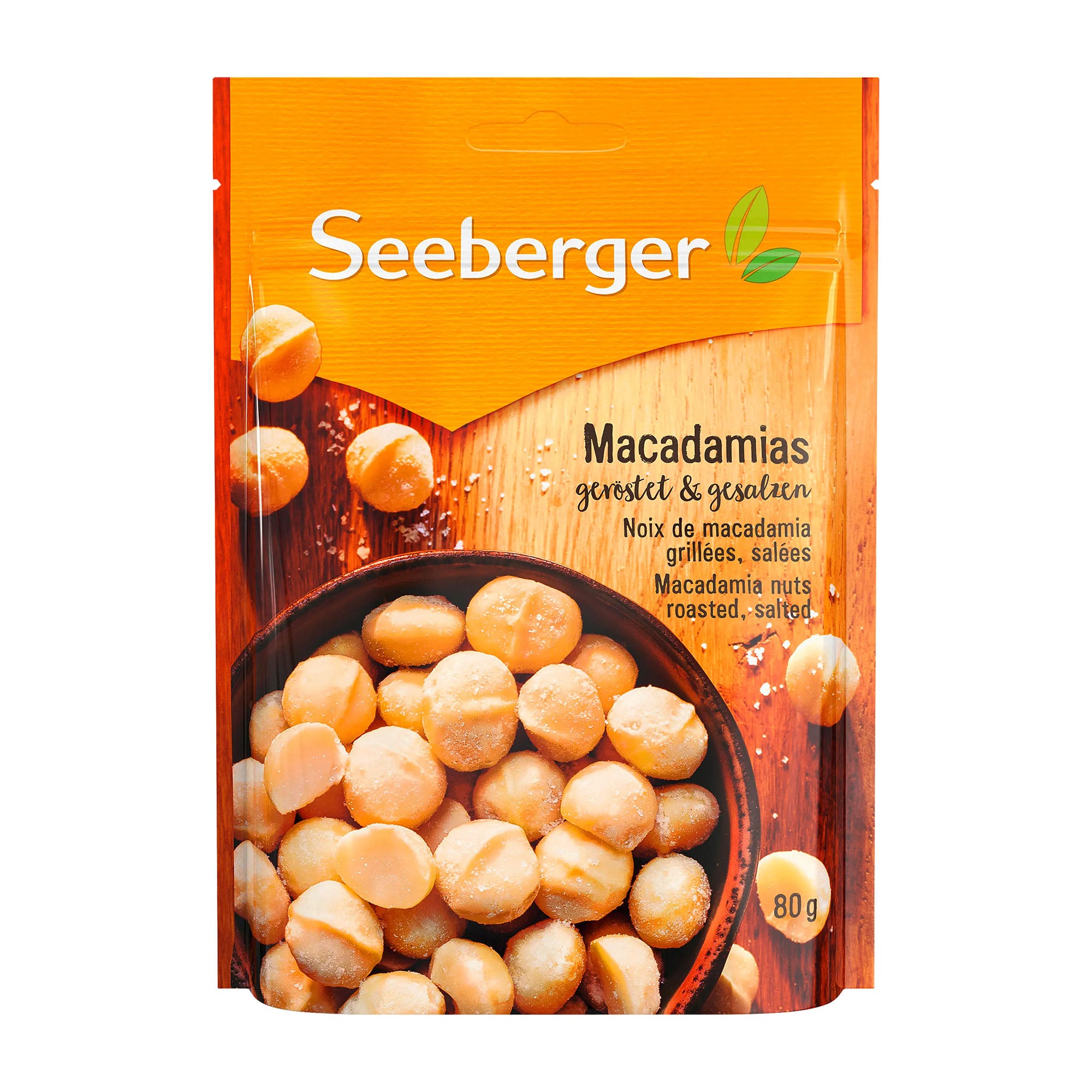Seeberger macadamia nuts packaging on a white background