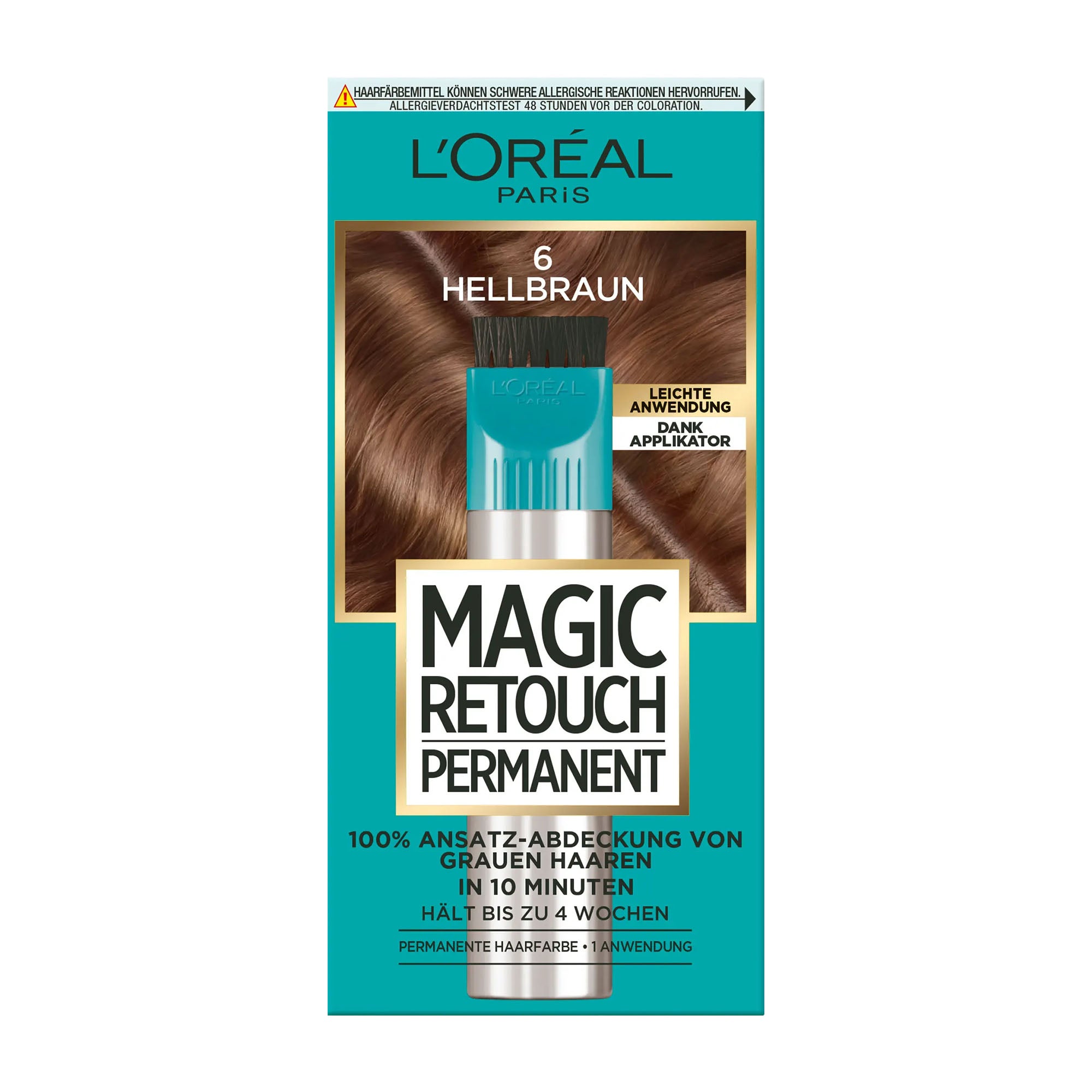 L'Oreal Paris Magic Retouch Permanent hair color packaging with brown hair sample and product image.