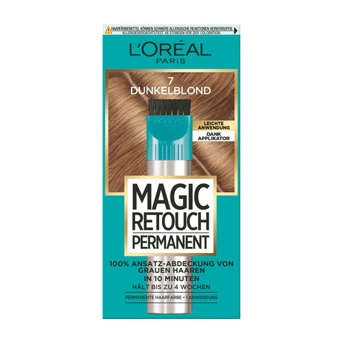 L'Oreal Paris Magic Retouch Permanent hair color packaging with blue and green design.
