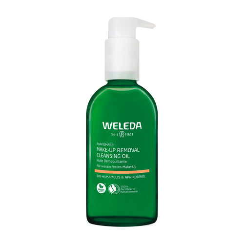 Weleda unscented makeup removal cleansing oil pump bottle on a white background