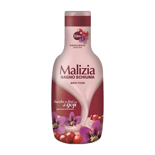 Malizia Goji Berries and Flowers bath foam bottle with red and white design on a white background