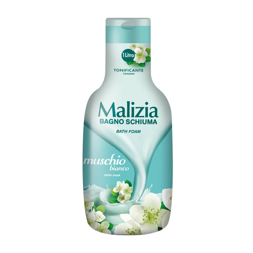 Bottle of Malizia White Musk bath foam with floral design on a white background