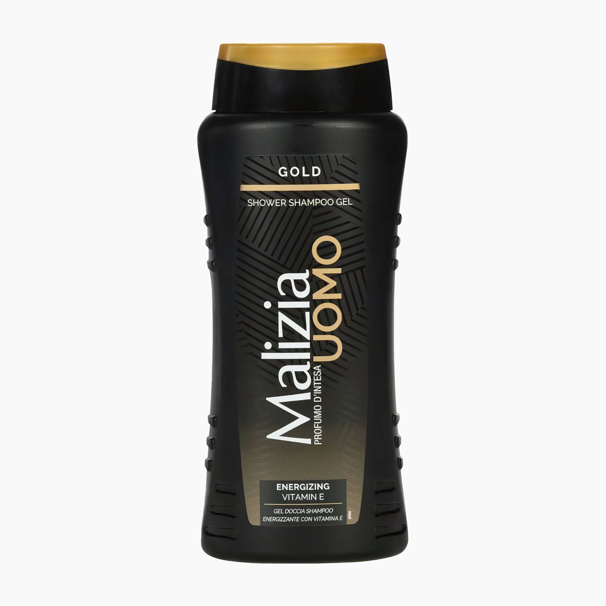 A bottle of Malizia Uomo Gold shower shampoo gel, featuring a black bottle with a gold cap and gold and white lettering, set against a plain white background.