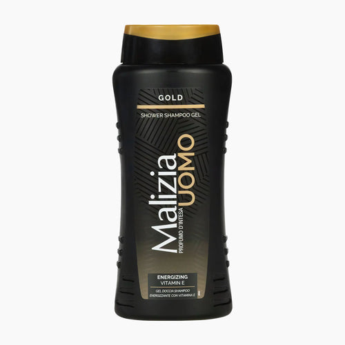 A bottle of Malizia Uomo Gold shower shampoo gel, featuring a black bottle with a gold cap and gold and white lettering, set against a plain white background.