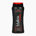 A bottle of Malizia Uomo Musk shower shampoo gel, featuring a black plastic bottle with a red flip-top cap and a black label with red and white text.