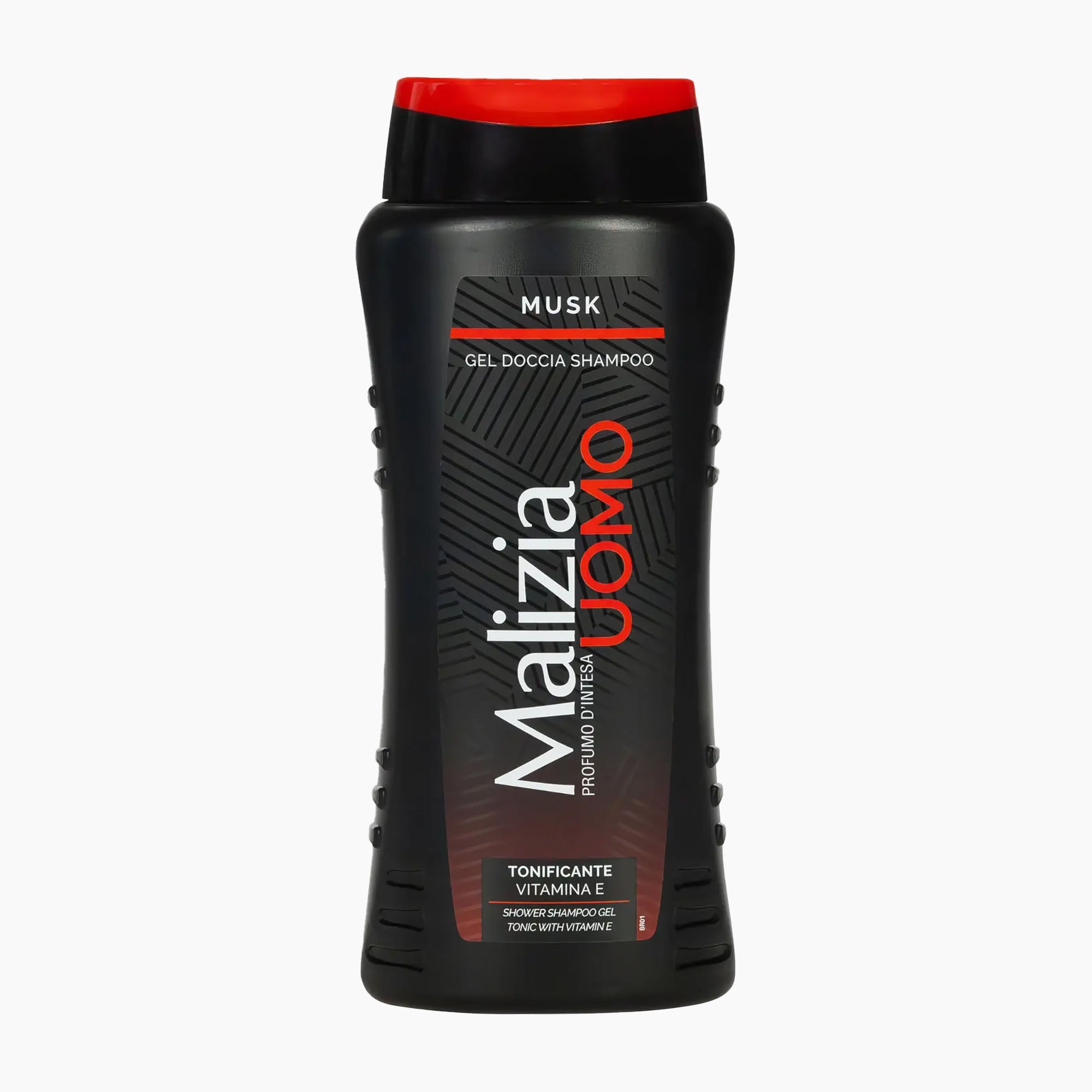 A bottle of Malizia Uomo Musk shower shampoo gel, featuring a black plastic bottle with a red flip-top cap and a black label with red and white text.