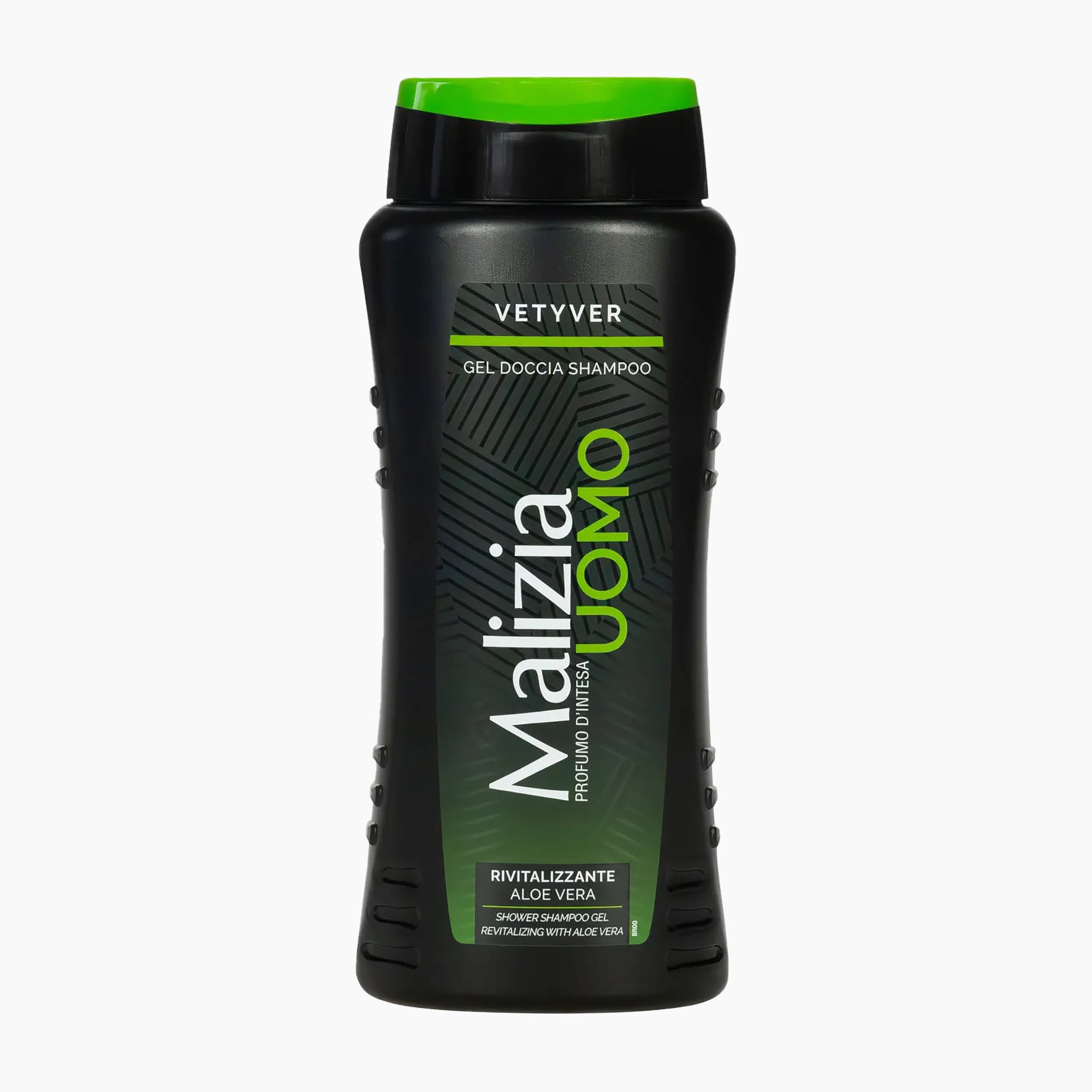 A bottle of Malizia Uomo Vetyver shower gel, featuring a black bottle with a bright green cap and a dark green and black label with white and lime green text.