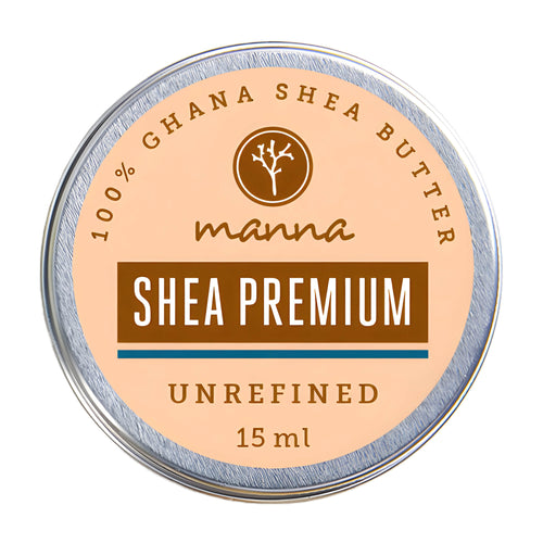 Manna Shea Premium Unrefined shea butter container on a white background