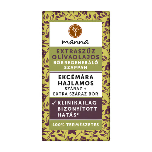 Manna Extra Virgin Olive Oil for Eczema Prone Skin Skin Repair Soap Bar packaging with text and branding on a white background