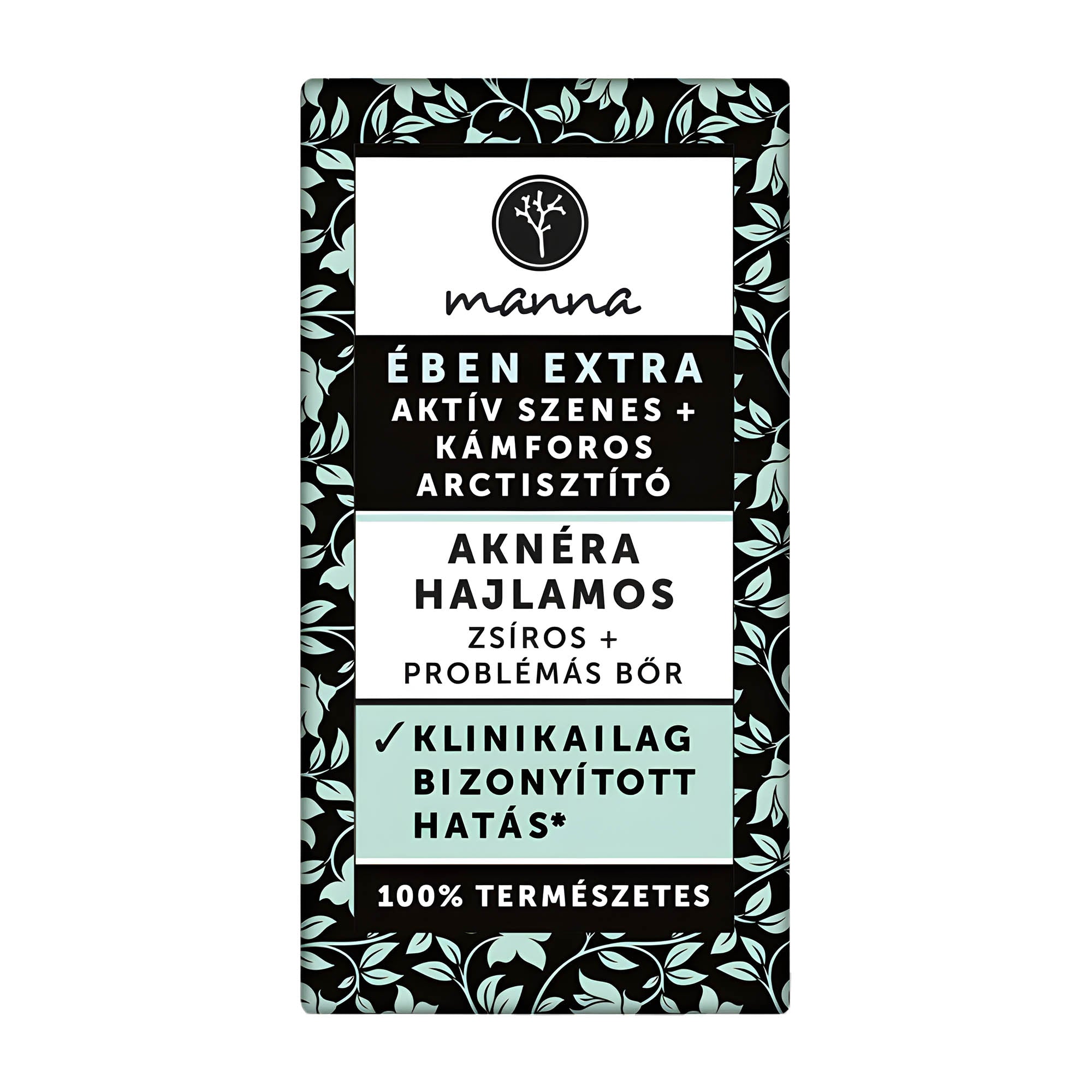 Manna Active Charcoal & Camphor facial cleansing soap bar packaging with text and branding on a white background