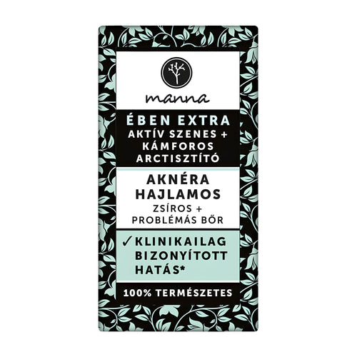 Manna Active Charcoal & Camphor facial cleansing soap bar packaging with text and branding on a white background