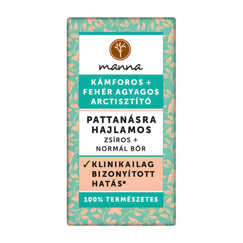 Manna Camphor & White Clay facial cleansing soap packaging with text and branding on a white background