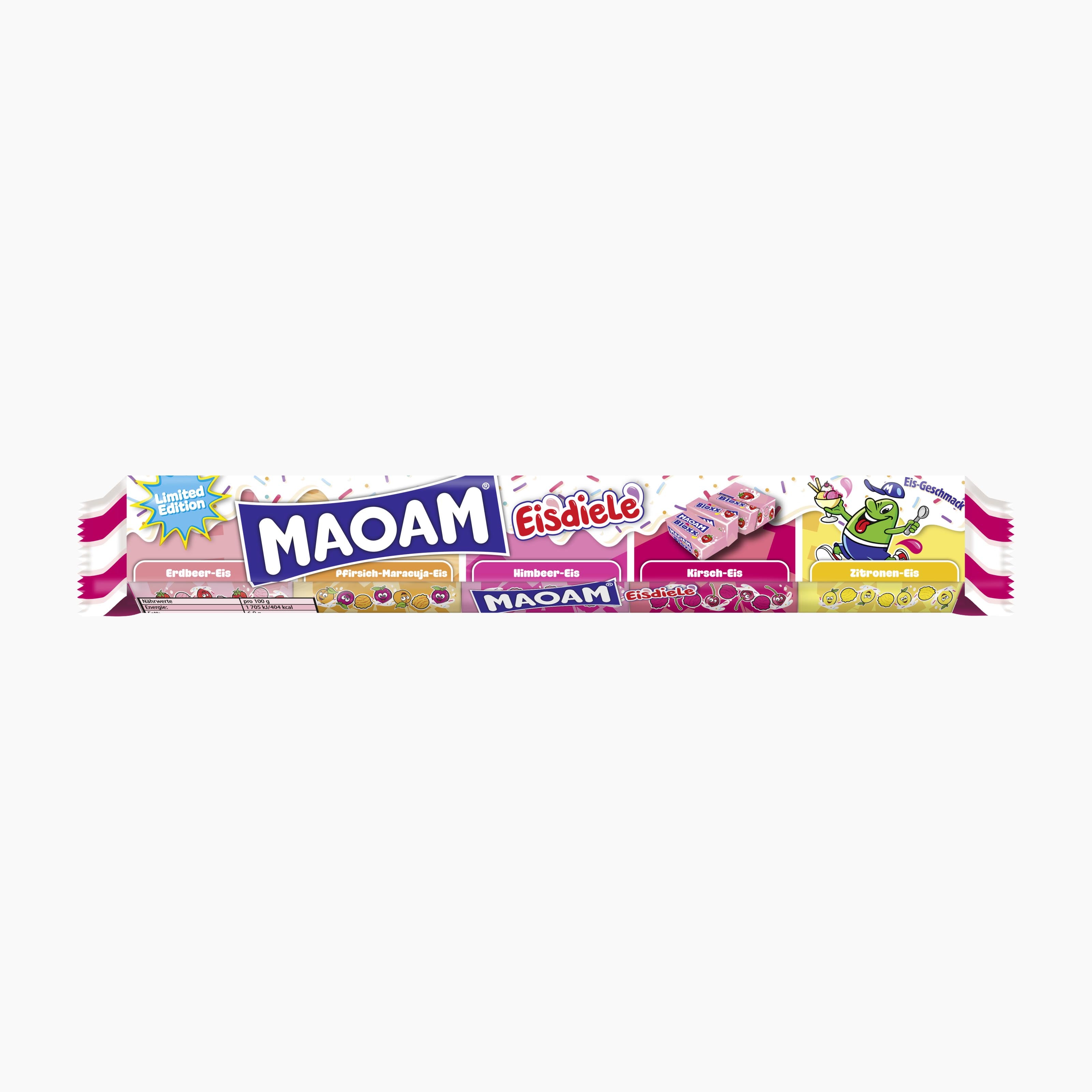 A package of MAOAM Eisdiel Ice Cream chewy candy, featuring cartoon graphics and flavor labels, centered on a plain white background.