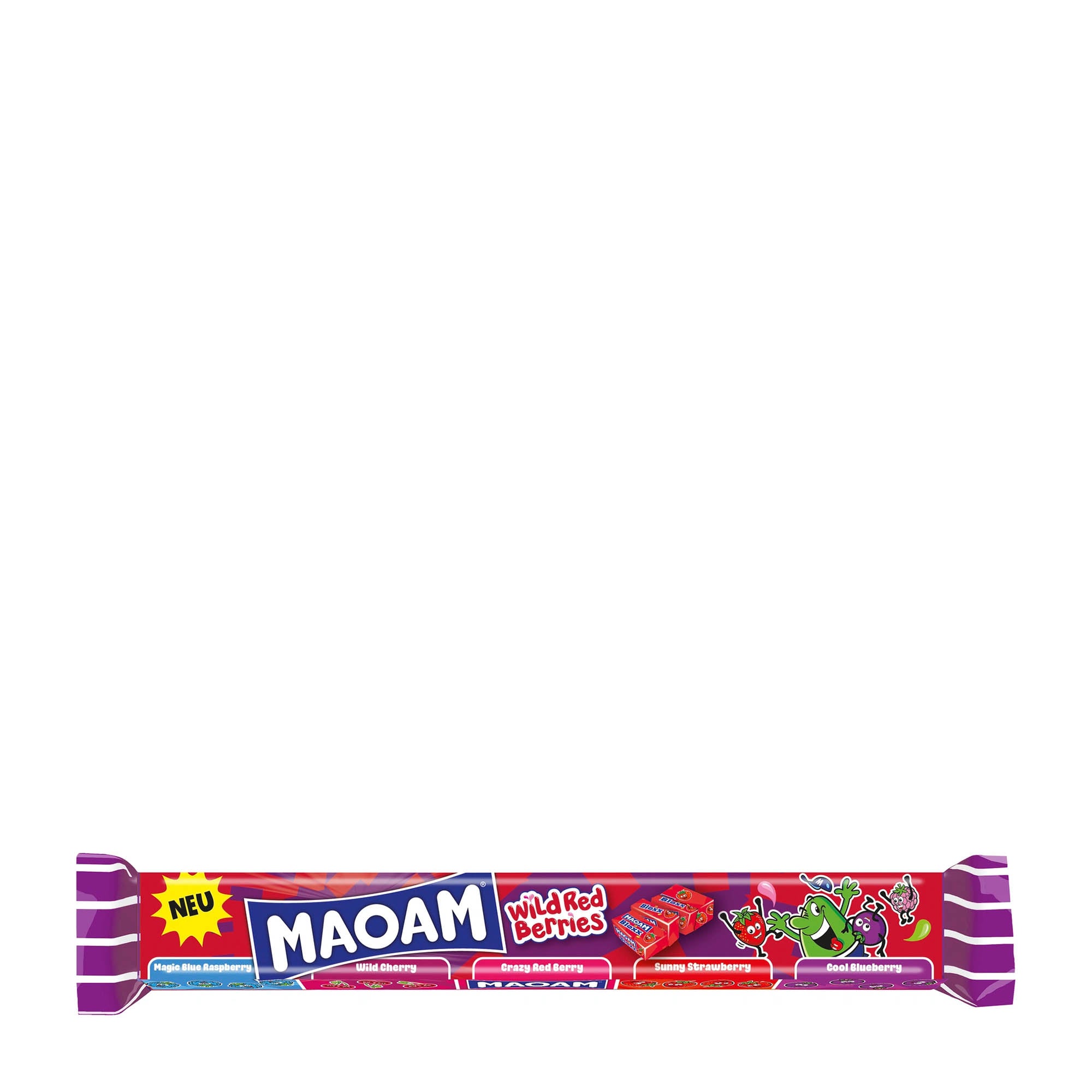 Packaging of Maoam Bloxx Wild Red Berries chewy candy, showing the brand logo and the text 'Wild Red Berries' on a red background.
