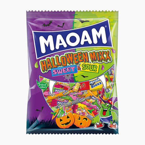 A bag of Maoam Halloween Mixx Sweet & Sour candy, featuring a colorful purple and green packaging design with jack-o'-lanterns, bats, and a cartoon monster on a white background.