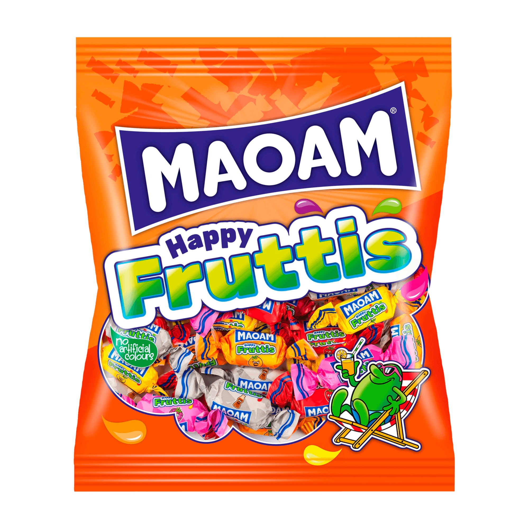 A package of Maoam Happy Fruttis chewy candy featuring various fruit flavors such as lemon, cherry, raspberry, orange, strawberry, and cola. The candy is individually wrapped and the package is orange with colorful candy images and text.