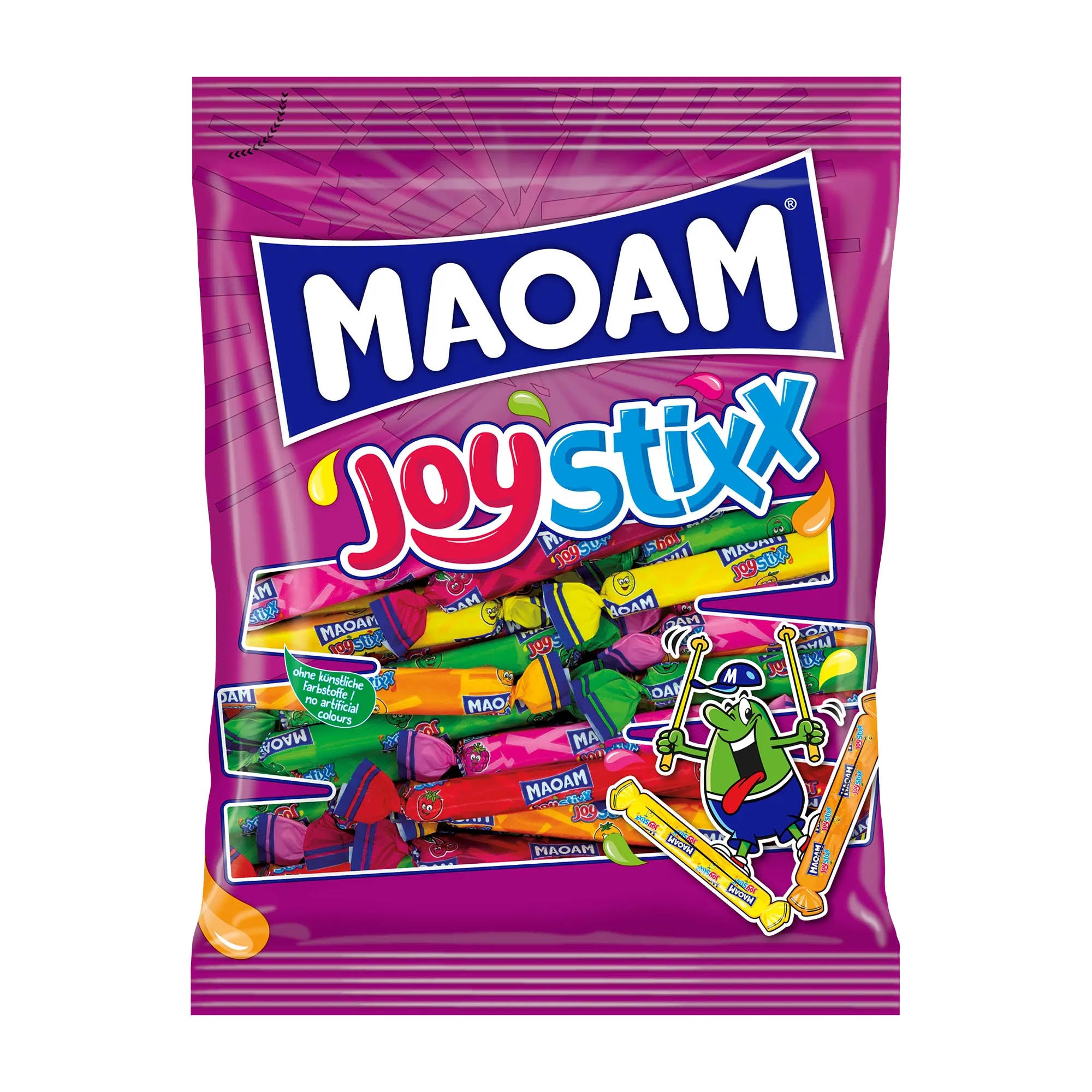 A package of Maoam Joystixx chewy candy featuring multiple colorful candy sticks with a cherry on top, against a pink background.