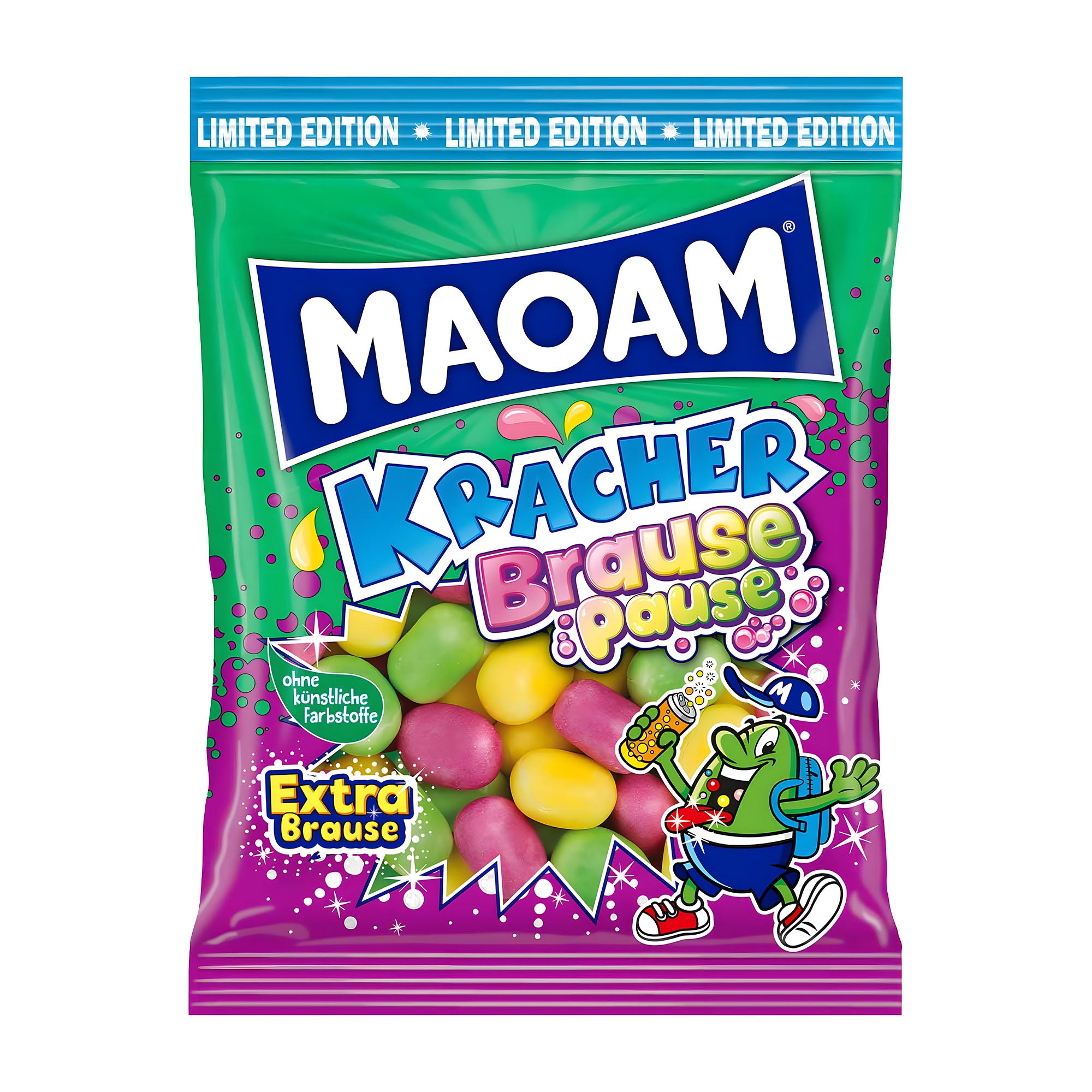 A package of Maoam Kracher Brause Pause chewy candy featuring colorful candy pieces on a vibrant purple background with the brand logo and 'Limited Edition' text.